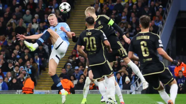 Erling Haaland scores for Manchester City against Sparta Prague.