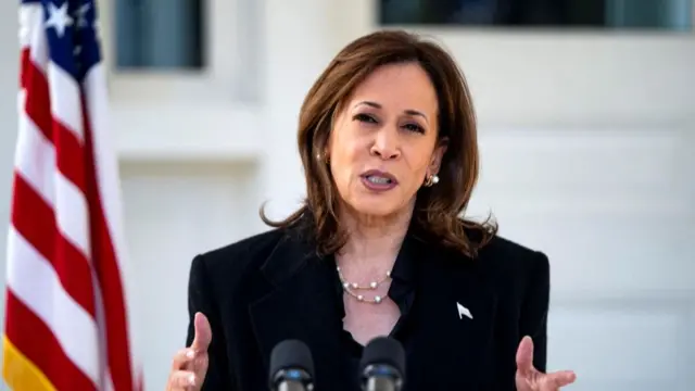 Democratic presidential nominee U.S. Vice President Kamala Harris speaks at the vice president's residence at the U.S. Naval Observatory in Washington,