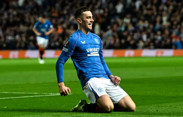 GLASGOW, SCOTLAND - OCTOBER 24: Rangers' Tom Lawrence celebrates scoring to make it 1-0 during a UEFA Europa League 2024/25 League Phase MD3 match between Rangers and FCSB at Ibrox Stadium, on October 24, 2024, in Glasgow, Scotland. (Photo by Rob Casey / SNS Group)