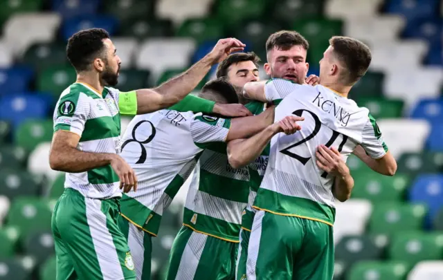 Shamrock Rovers players celebrate their first goal, scored by Josh Honohan