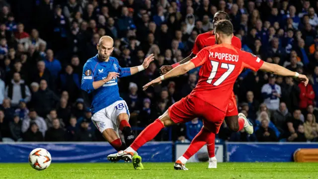 GLASGOW, SCOTLAND - OCTOBER 24: Rangers' Vaclav Cerny scores to make it 3-0 during a UEFA Europa League 2024/25 League Phase MD3 match between Rangers and FCSB at Ibrox Stadium, on October 24, 2024, in Glasgow, Scotland. (Photo by Alan Harvey / SNS Group)