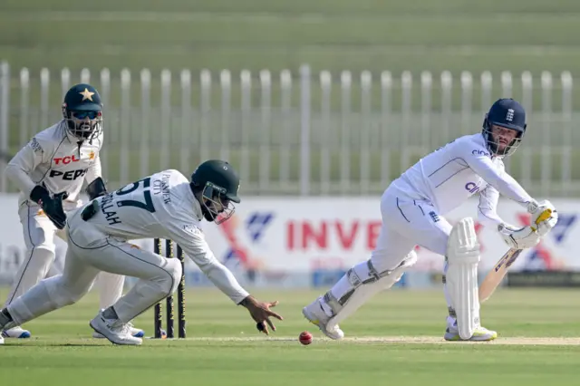 Ben Duckett bats for England against Pakistan in Rawalpindi