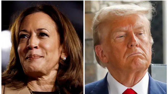 A composite image of Harris on the left and Trump on the right, both headshots