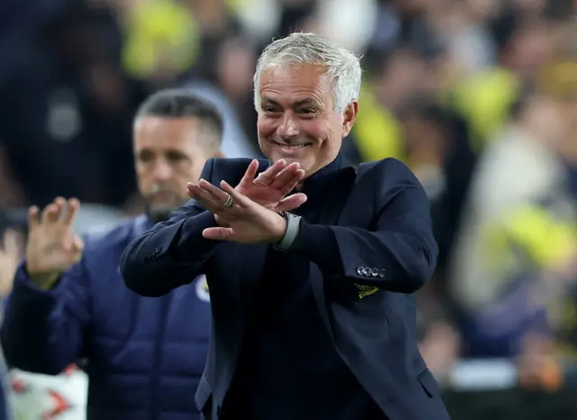 Fenerbahce coach Jose Mourinho reacts