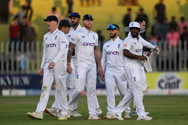 England players at end of day one against Pakistan in Rawalpindi