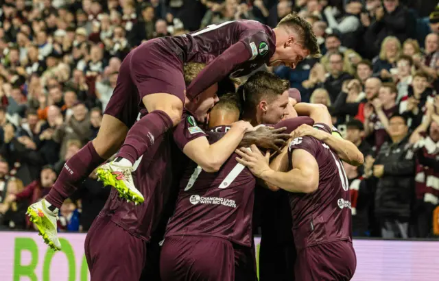 EDINBURGH , SCOTLAND - OCTOBER 24: Hearts' Blair Spittal celebrates with teammates after scoring to make it 2-0 during a UEFA Conference League 2024/25 League Phase MD2 between Hearts and Omonia Nicosia at Tynecastle Park, on October 24, 2024, in Edinburgh, Scotland.  (Photo by Craig Foy / SNS Group)