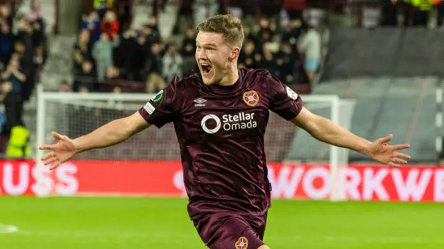 EDINBURGH , SCOTLAND - OCTOBER 24: Hearts' Blair Spittal celebrates after scoring to make it 2-0 during a UEFA Conference League 2024/25 League Phase MD2 between Hearts and Omonia Nicosia at Tynecastle Park, on October 24, 2024, in Edinburgh, Scotland.  (Photo by Craig Foy / SNS Group)