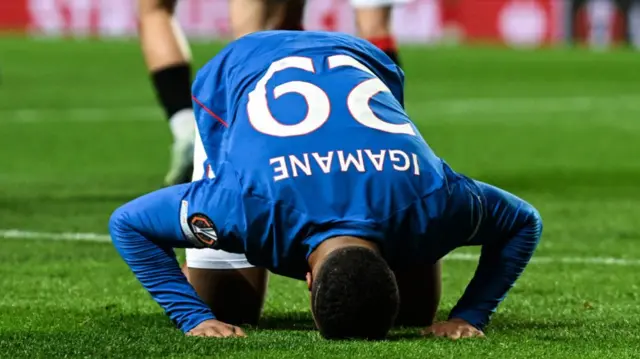 GLASGOW, SCOTLAND - OCTOBER 24: Rangers' Hamza Igamane celebrates scoring to make it 4-0 during a UEFA Europa League 2024/25 League Phase MD3 match between Rangers and FCSB at Ibrox Stadium, on October 24, 2024, in Glasgow, Scotland. (Photo by Rob Casey / SNS Group)