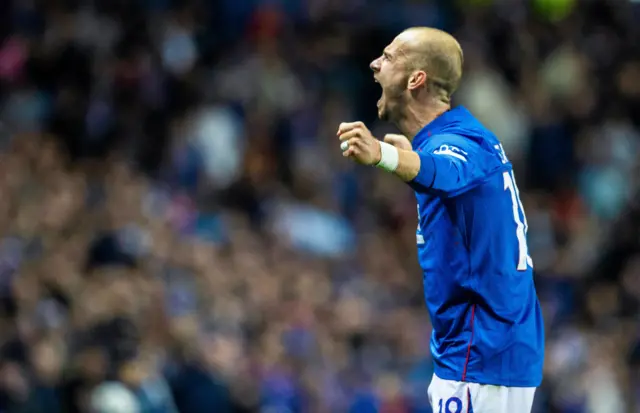 GLASGOW, SCOTLAND - OCTOBER 24: Rangers' Vaclav Cerny celebrates scoring to make it 2-0 during a UEFA Europa League 2024/25 League Phase MD3 match between Rangers and FCSB at Ibrox Stadium, on October 24, 2024, in Glasgow, Scotland. (Photo by Alan Harvey / SNS Group)