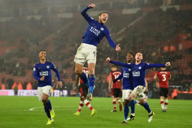 Leicester celebrate during a 9-0 win over Southampton in 2019