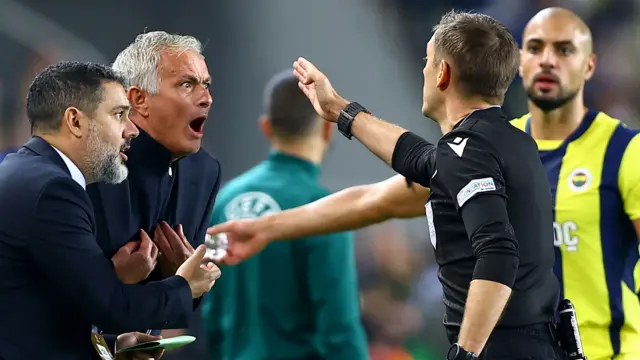 Jose Mourinho is sent off during Fenerbahce's Europa League match against Manchester United