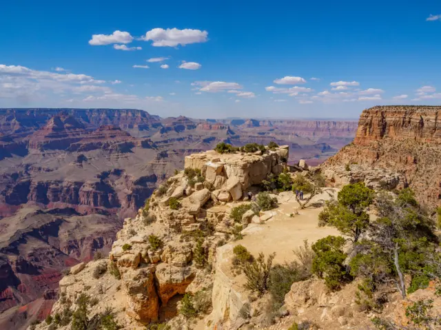 A wide angle photo of the Grand Canyon landscape