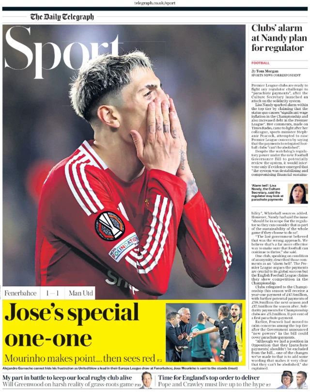 Lead sport page of the Daily Telegraph on 25 October 2024