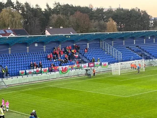 Wales fans behind the goal in Poprad at the National Training Centre