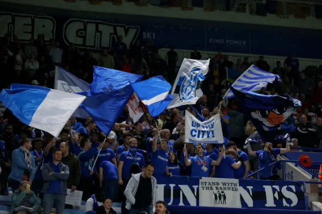 Leicester City Fans with flags and banners