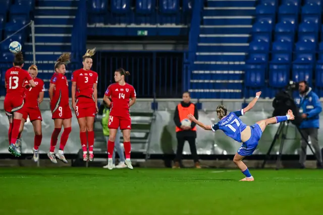 Maria Mikolajova's free-kick flies into the net