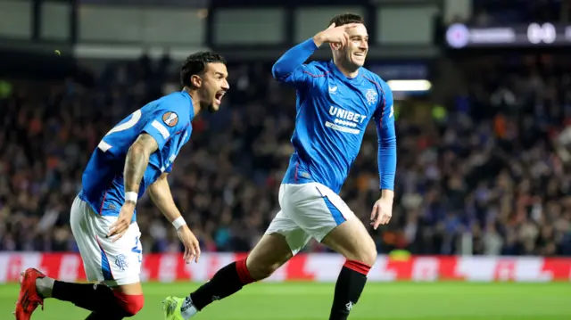 Tom Lawrence celebrates scoring for Rangers against FCSB