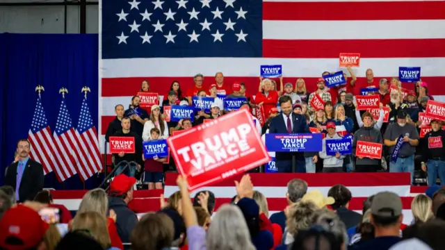 Republican vice presidential nominee, JD Vance speaks during a campaign rally in Waterford, Michigan