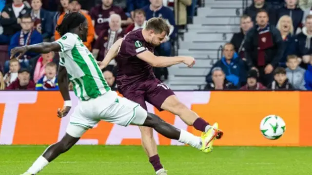 Alan Forrest scores for Hearts against Omonia Nicosia