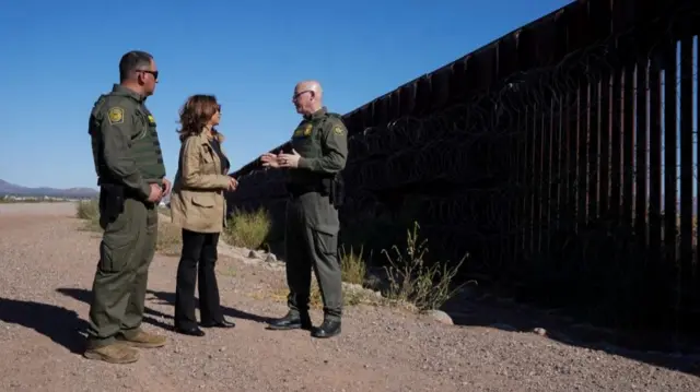 Democratic presidential nominee and U.S. Vice President Kamala Harris tours the border wall with Border Patrol agents, near Tucson, in Douglas, Arizona, U.S., September 27, 2024.