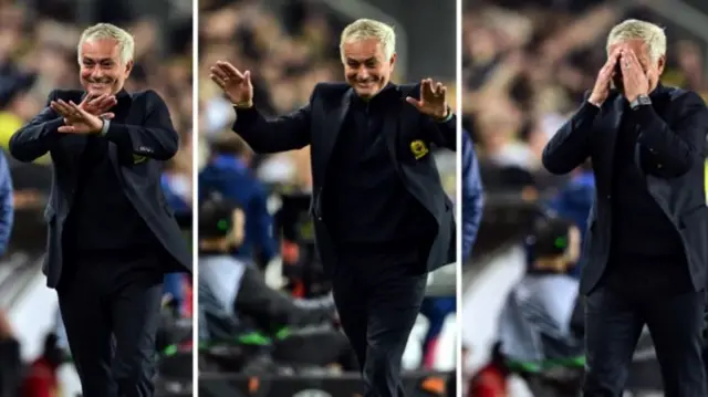 Split image of Jose Mourinho making gestures to express his dismay during Fenerbahce's draw with Manchester United