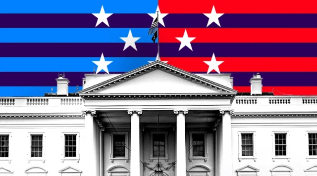 BBC graphic of the White House, with a US flag above it. One half is blue and the other is red to represent both parties