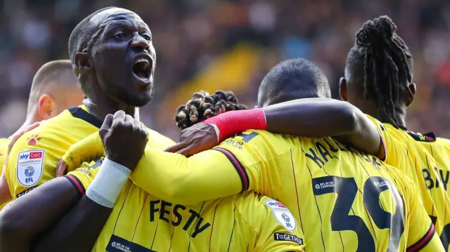 Watford players celebrate a goal against Sunderland at Vicarage Road