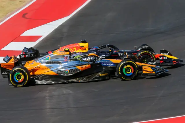 Lando Norris and Max Verstappen battle on track in Austin