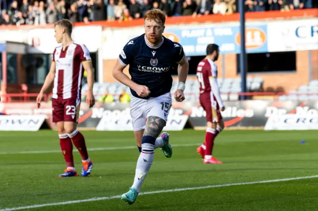 Simon Murray celebrates after scoring for Dundee against St Johnstone