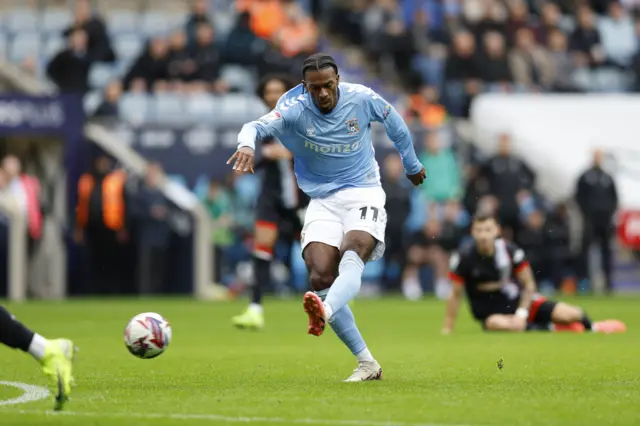 Coventry City's Haji Wright attempts a shot on goal