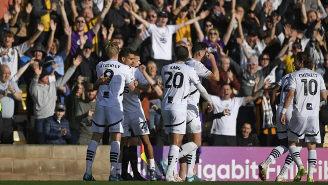 Port Vale celebrate Brandon Cover's opening goal against AFC Wimbledon.