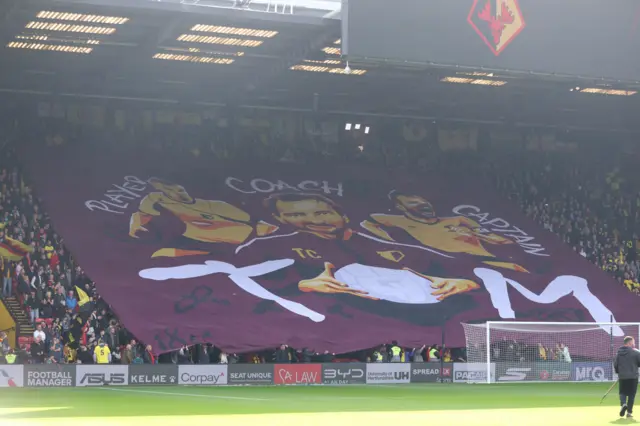 Watford fans display a banner in honour of Watford manager Tom Cleverley before the Sky Bet Championship match at Vicarage Road