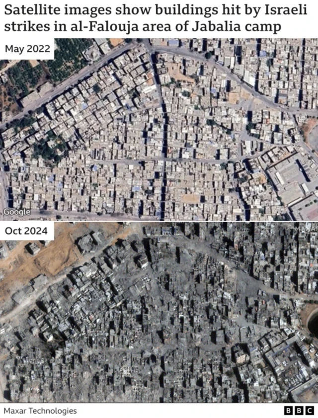 Graphic of satellite image of showing buildings hit but strikes in al-Falouja area of Jabalia camp in May 2022 and October 2024