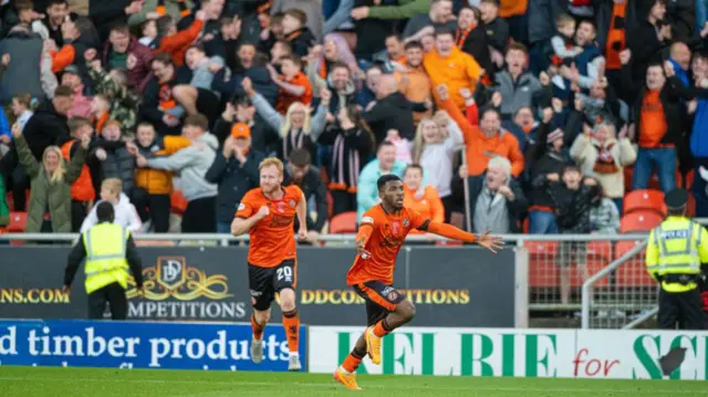 Dundee United's Meshack Ubochioma celebrates scoring to make it 3-2 during a William Hill Premiership match between Dundee United and Hibernian at the CalForth Construction Arena at Tannadice Park, on October 19, 2024, in Dundee, Scotland.