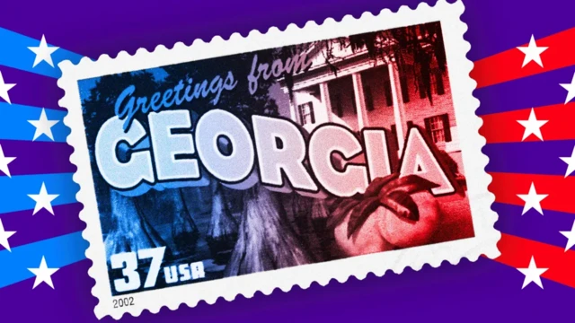 A BBC graphic showing a postcard with 'Greetings from Georgia' written on it