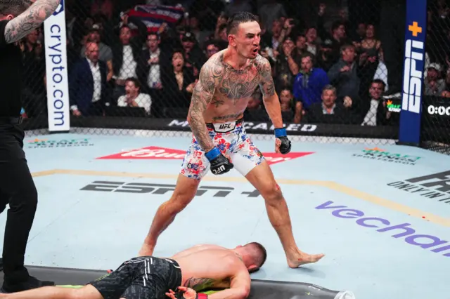 Max Holloway reacts to knocking out Justin Gaethje