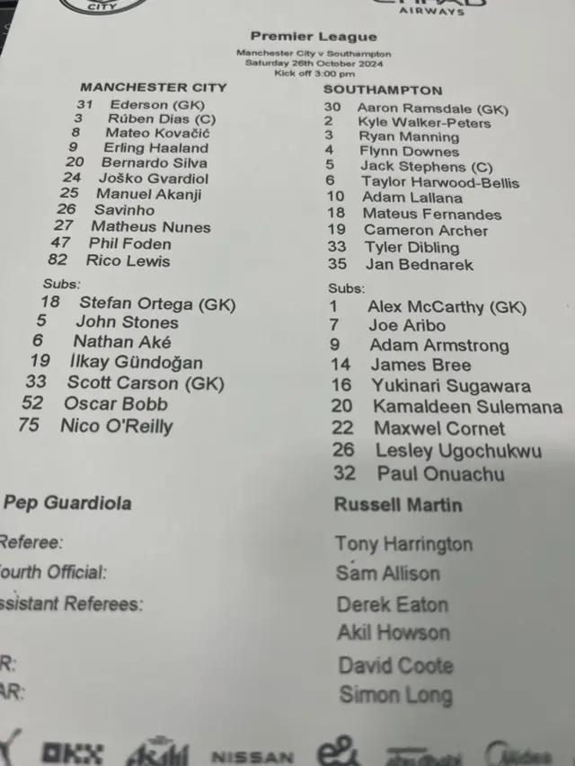 Man City team sheet