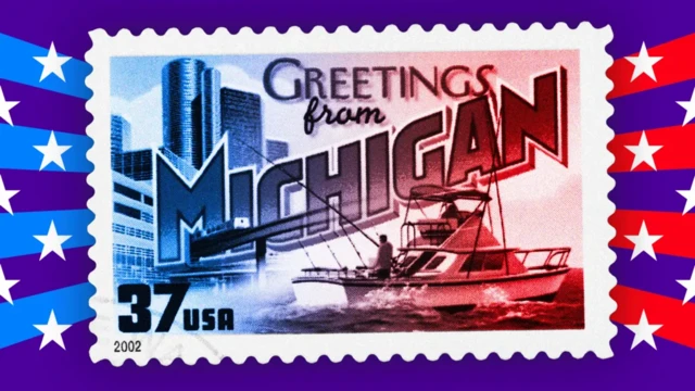 A BBC graphic showing a stylised postcard stamp reading "greetings from Michigan"