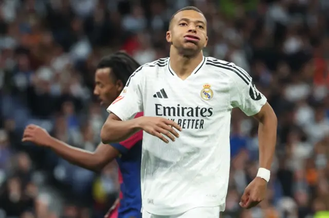 Kylian Mbappe gestures during the Spanish league football match between Real Madrid CF and FC Barcelona