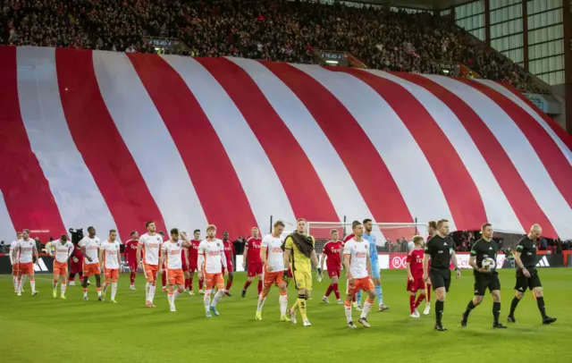 ABERDEEN, SCOTLAND - OCTOBER 26: Aberdeen fans display during a William Hill Premiership match between Aberdeen and Dundee United at Pittodrie Stadium, on October 26, 2024, in Aberdeen, Scotland.