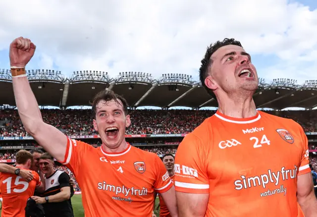 Barry McCambridge and Stefan Campbell celebrate after Armagh's All-Ireland Final triumph in July