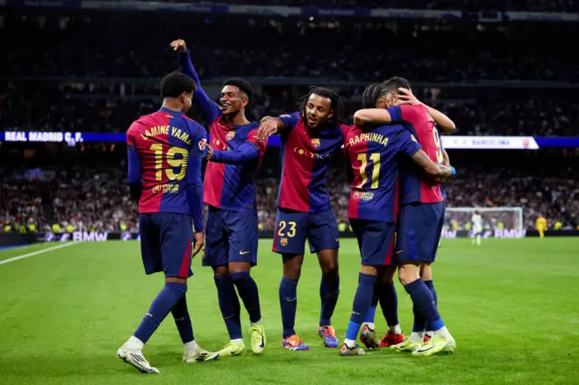 Lamine Yamal of FC Barcelona celebrates after scoring their side's third goal