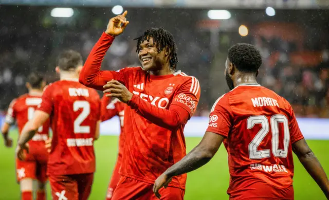 ABERDEEN, SCOTLAND - OCTOBER 26: Aberdeen's Peter Ambrose celebrates after scoring to make it 1-0 during a William Hill Premiership match between Aberdeen and Dundee United at Pittodrie Stadium, on October 26, 2024, in Aberdeen, Scotland. (Photo by Craig Williamson / SNS Group)