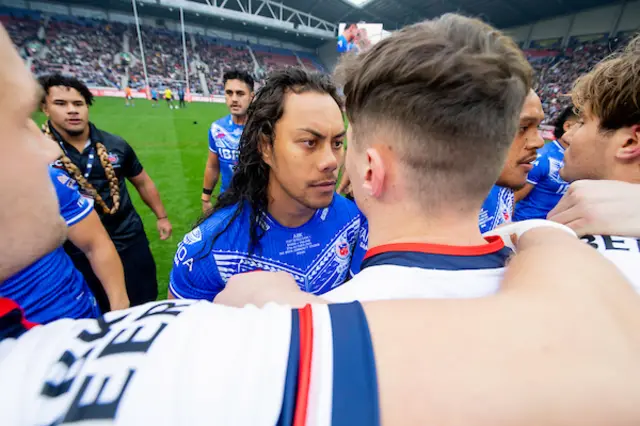 Jarome Luai faces right up to England's Jack Welsby