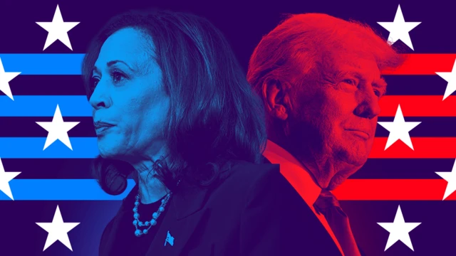 Graphic with Kamala Harris (shaded in blue) and Donal Trump (shaded in red)