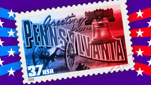 A stamp shows Pennsylvania with red and blue stripes and white stars around it