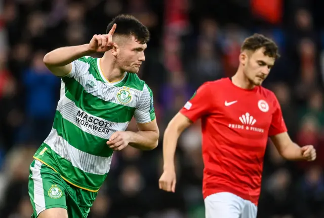 Josh Honohan celebrates scoring the opener for Rovers against Larne