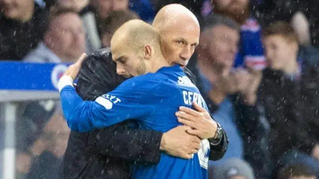 Rangers manager Philippe Clement celebrates with Vaclav Cerny