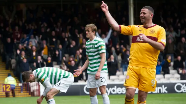 Michael Higdon celebrates against Celtic