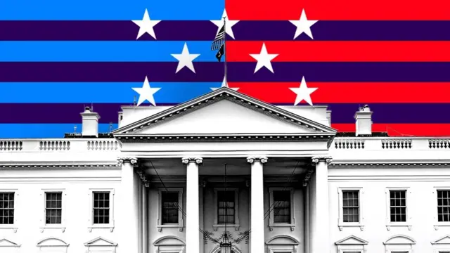 Graphic showing front of the White House with blue and red stripes and stars in the background